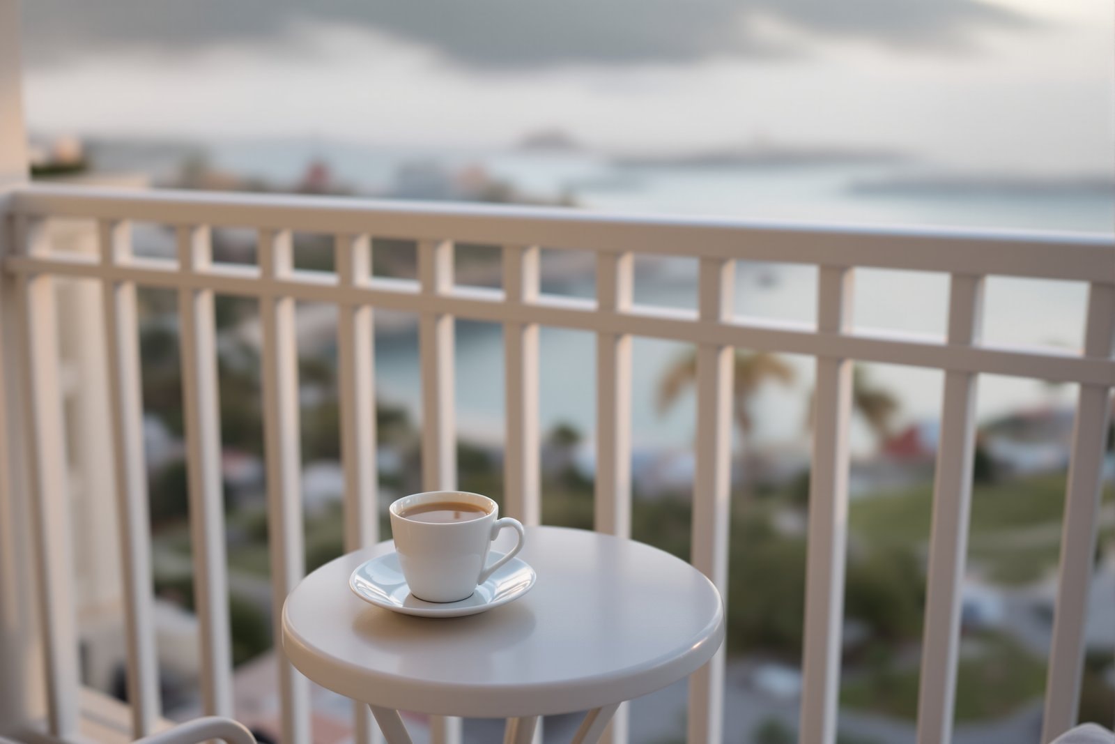 A cup of tea on a small round table on a balcony with white railings, overlooking a misty bay at dawn