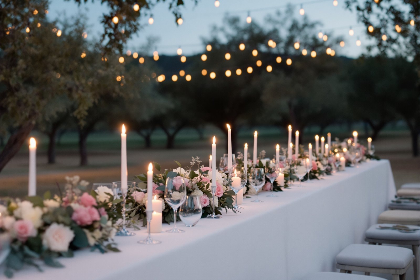 A long outdoor table with a white cloth, lit candles, glasses and pink and white flowers under strings of warm lights among olive trees