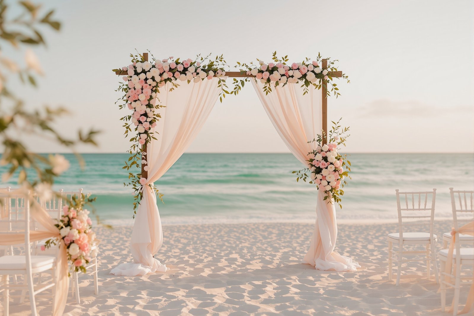 An arch of pink and white flowers standing on an empty beach above a turquoise sea