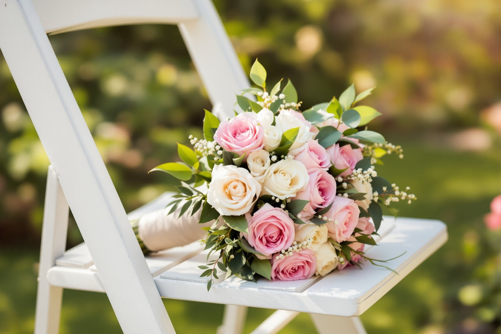 A bouquet of pink and white flowers resting on a white slatted chair