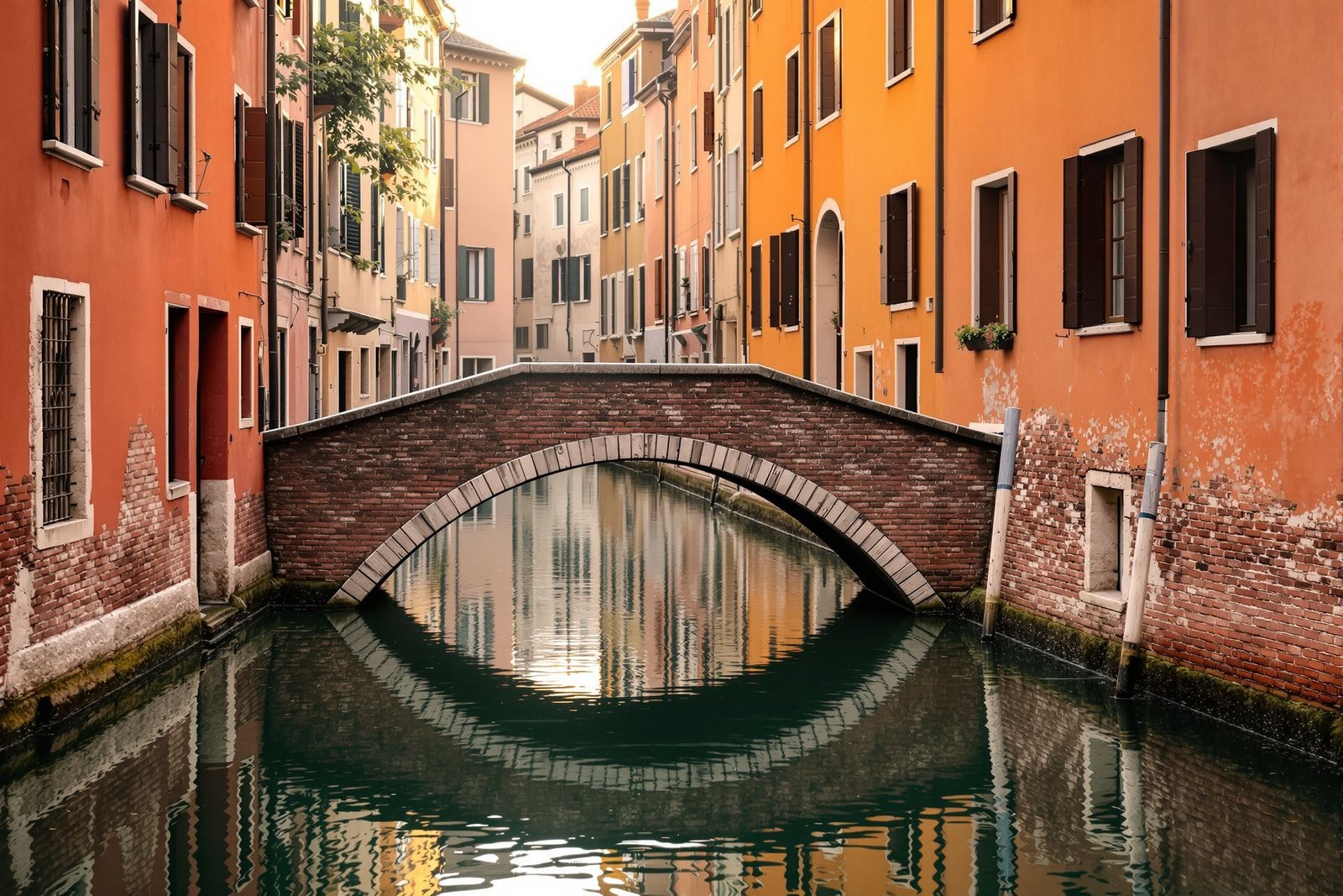 A quiet canal at dawn between warm ochre and terracotta buildings with shutters, a brick footbridge arching over still water