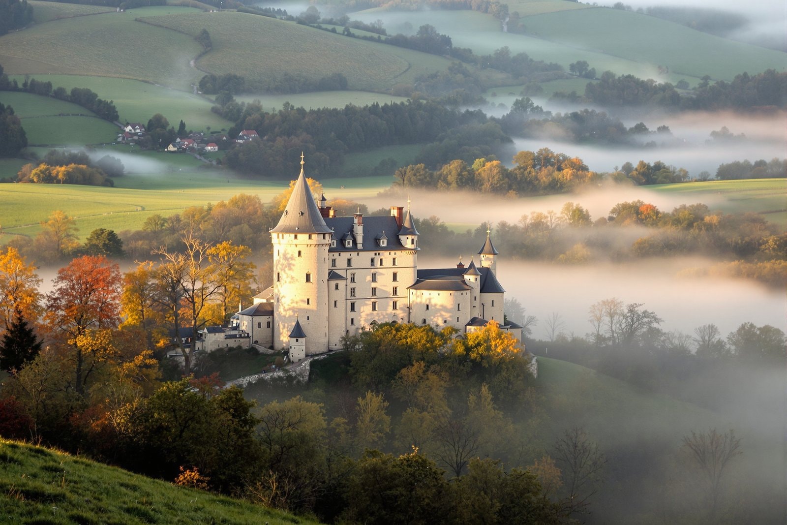 A pale castle with slate-blue turrets on a green hill, half hidden in soft morning mist