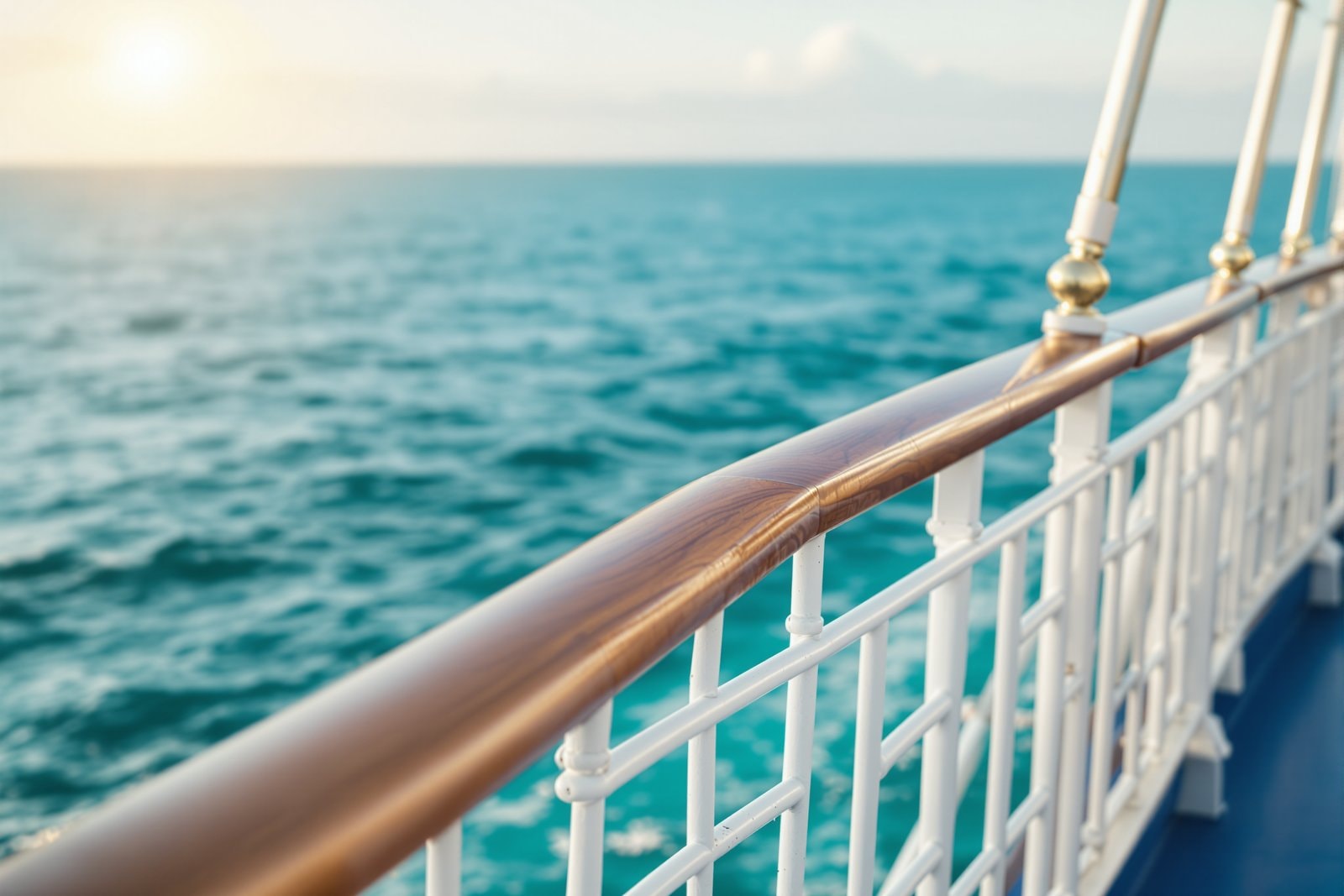A white ship railing with a polished wooden handrail above a calm turquoise sea stretching to a sunlit horizon