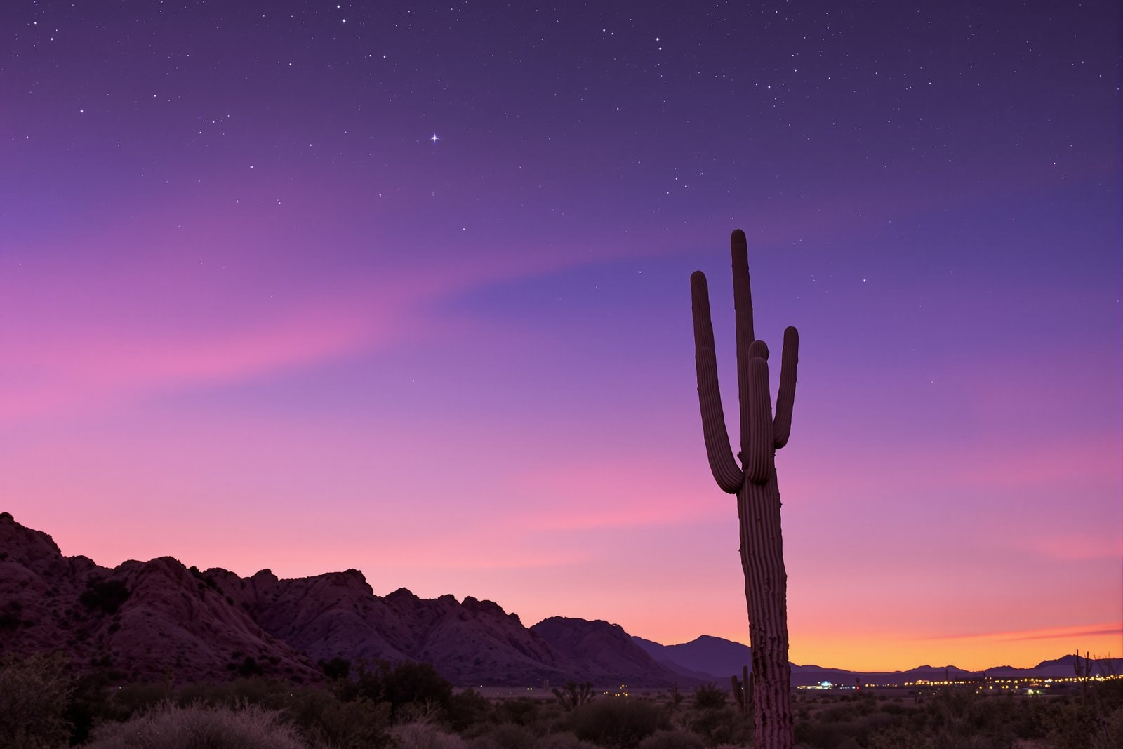 A tall saguaro cactus against dusky violet hills under a pink and purple evening sky with the first stars