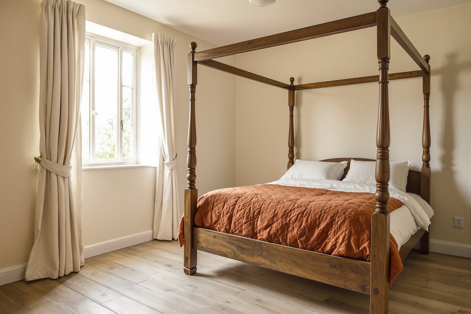 A four-poster wooden bed with a rust-coloured cover beside a tall bright window with cream curtains