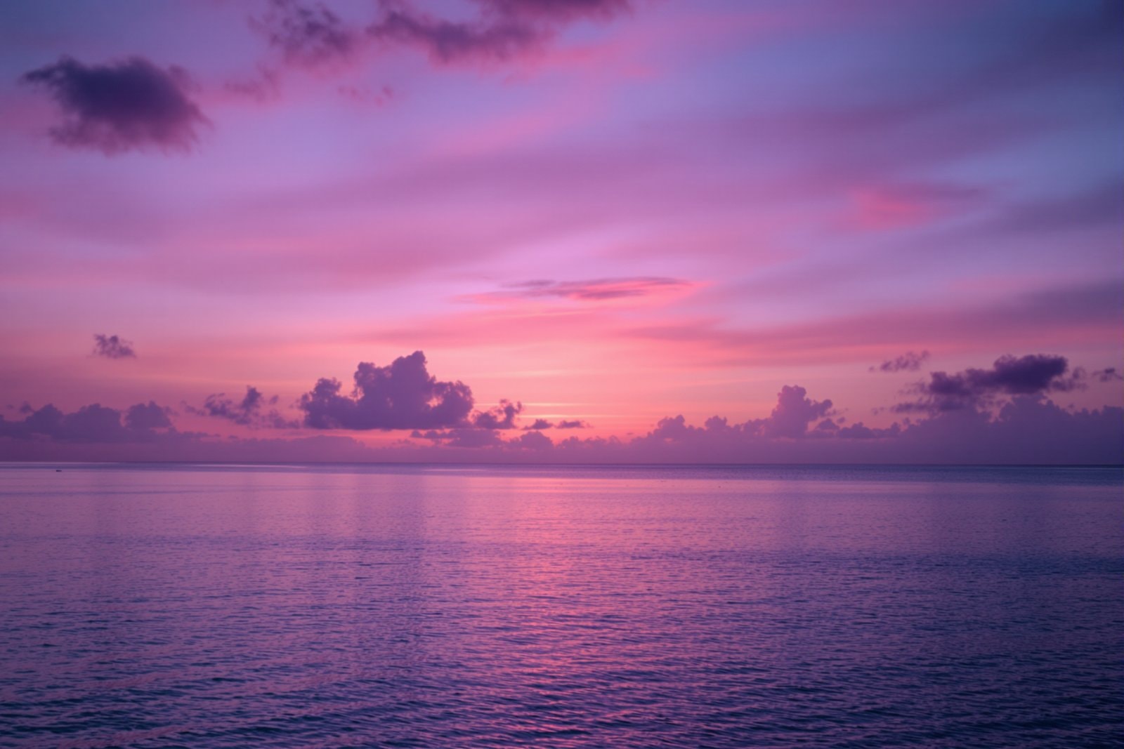 A calm sea at dusk under a sky streaked with pink and violet clouds, reflected on the water