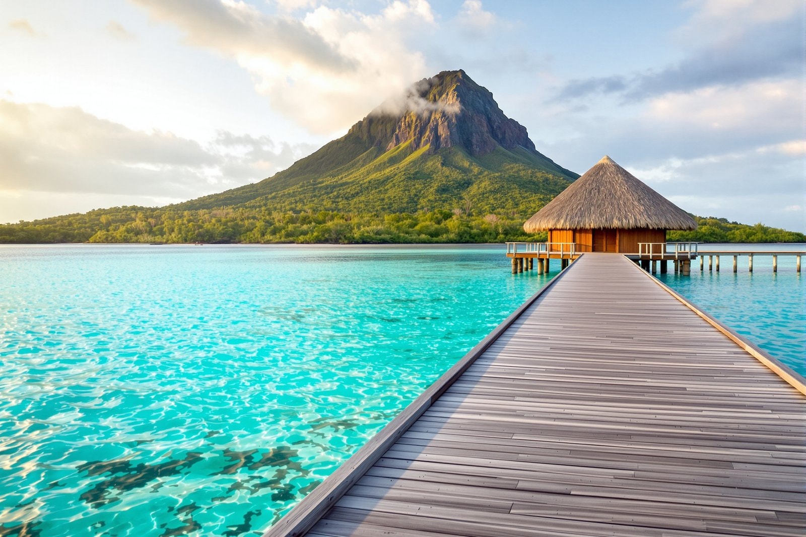 A wooden jetty leading out across a turquoise lagoon to a small thatched hut, with a green volcanic peak in the distance
