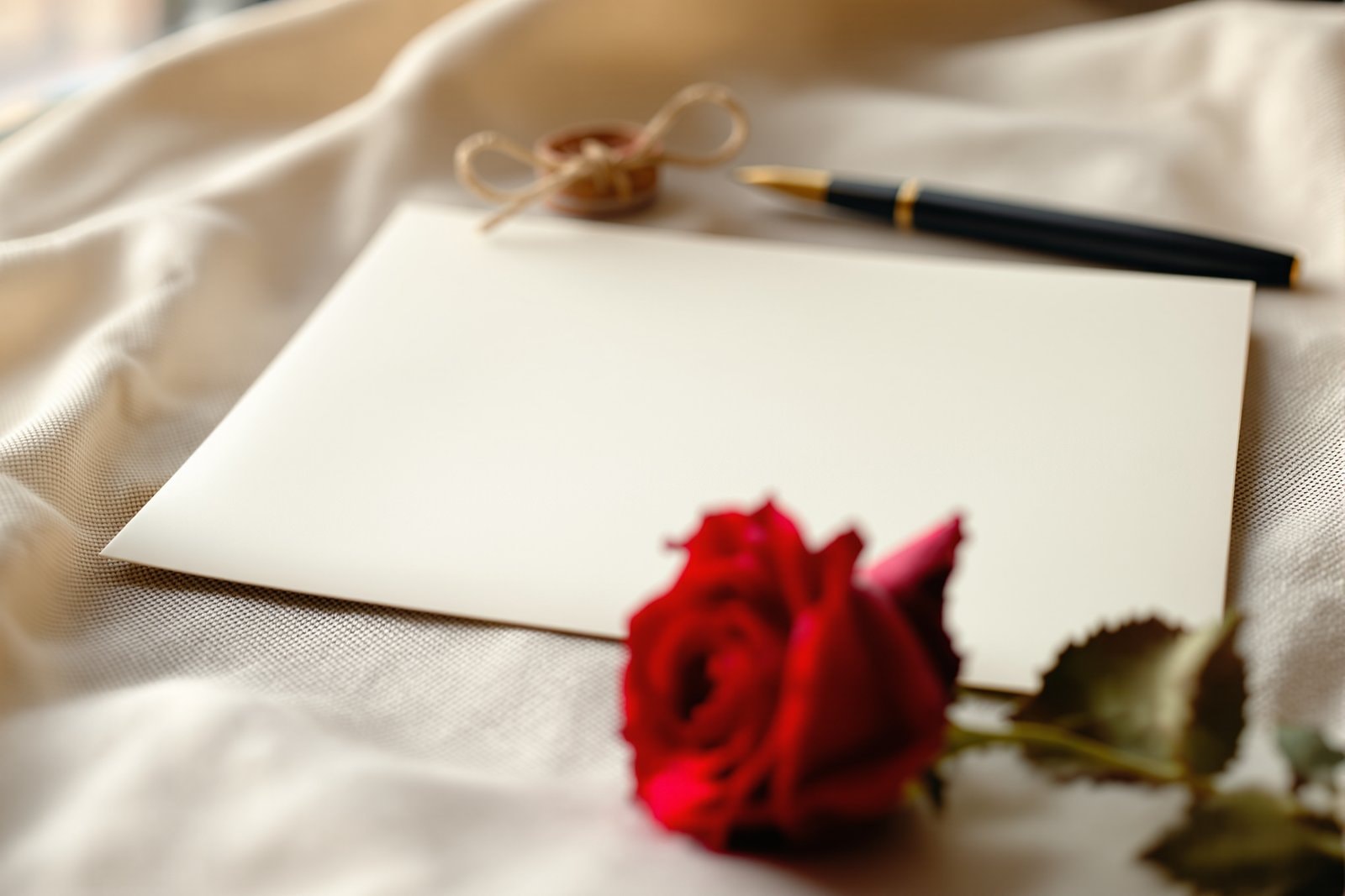 A blank cream card beside a black fountain pen, a small twine bow and a red rose on soft linen