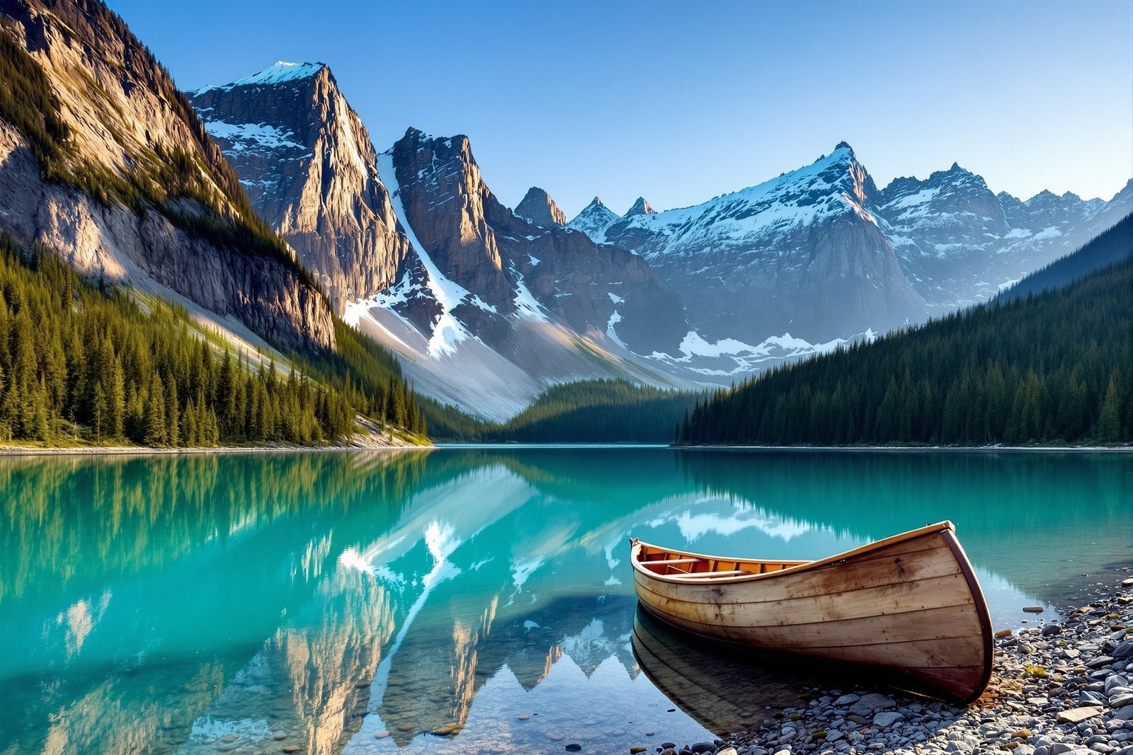 Snow-capped grey mountain peaks above a dark green forest, reflected in a still turquoise lake with a wooden canoe on the shore