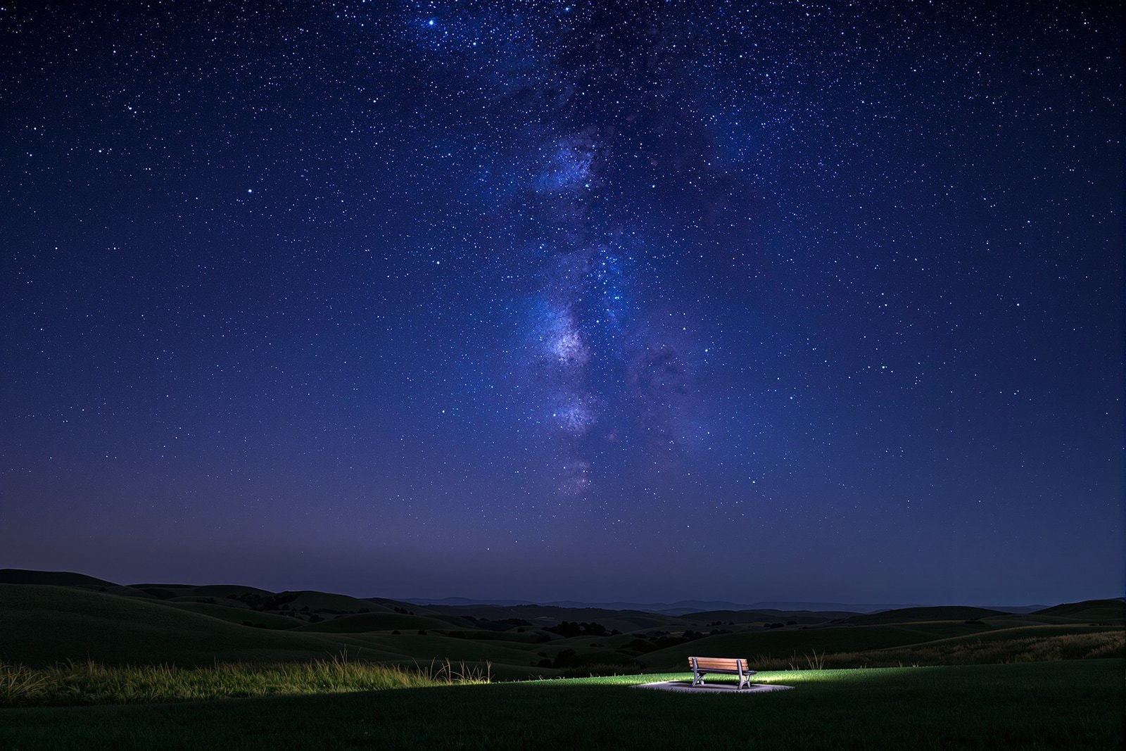The Milky Way over dark rolling hills at night, with a small empty bench on a moonlit hilltop