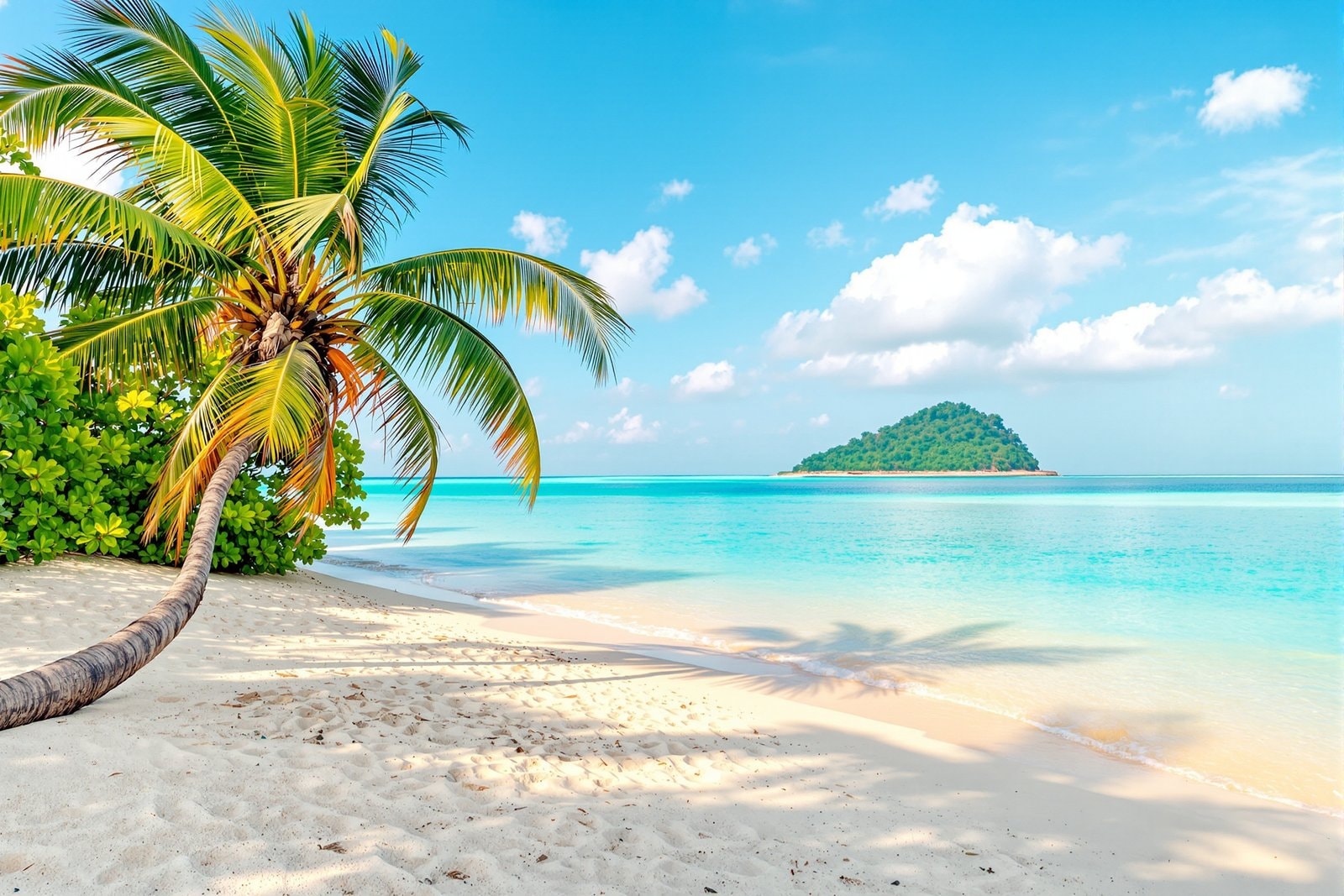 A leaning palm tree on a pale sand beach beside a turquoise sea, with a small green island on the horizon
