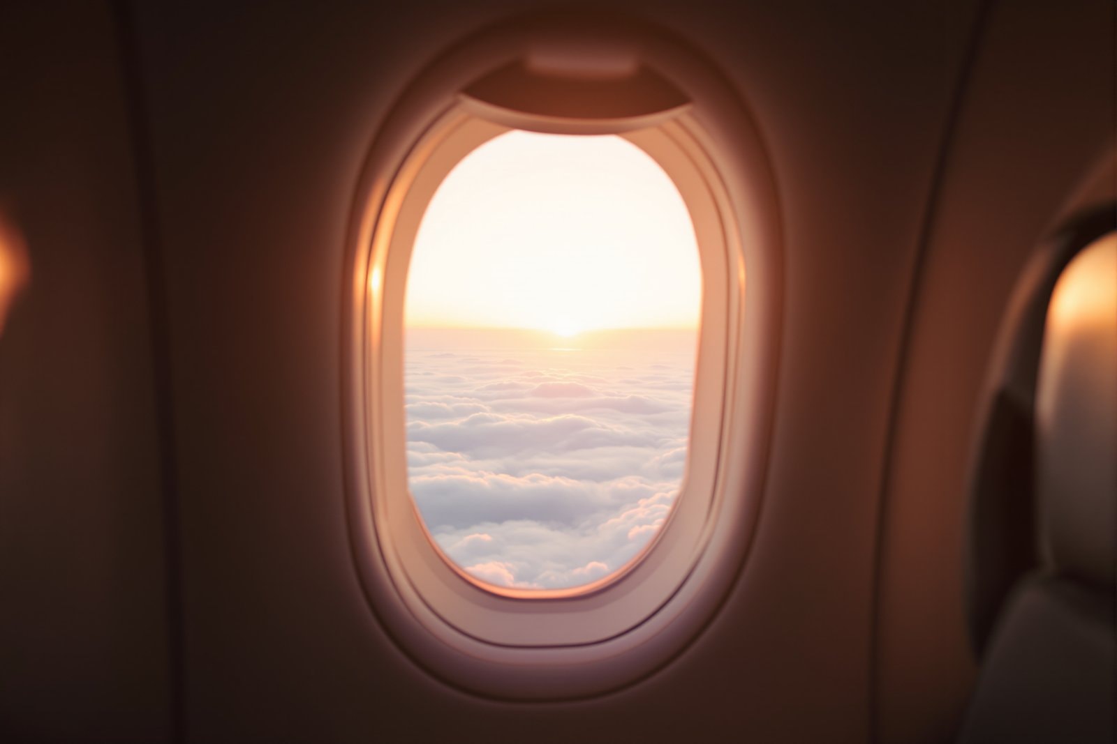An oval airplane window showing a soft sunrise above a sea of white clouds