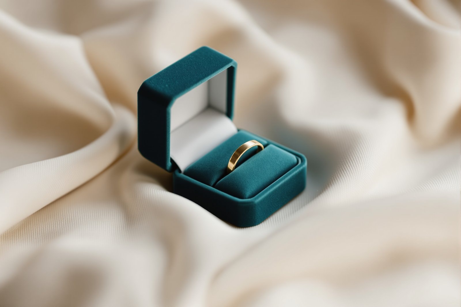 An open deep-teal ring box holding a plain gold band, resting on pale linen