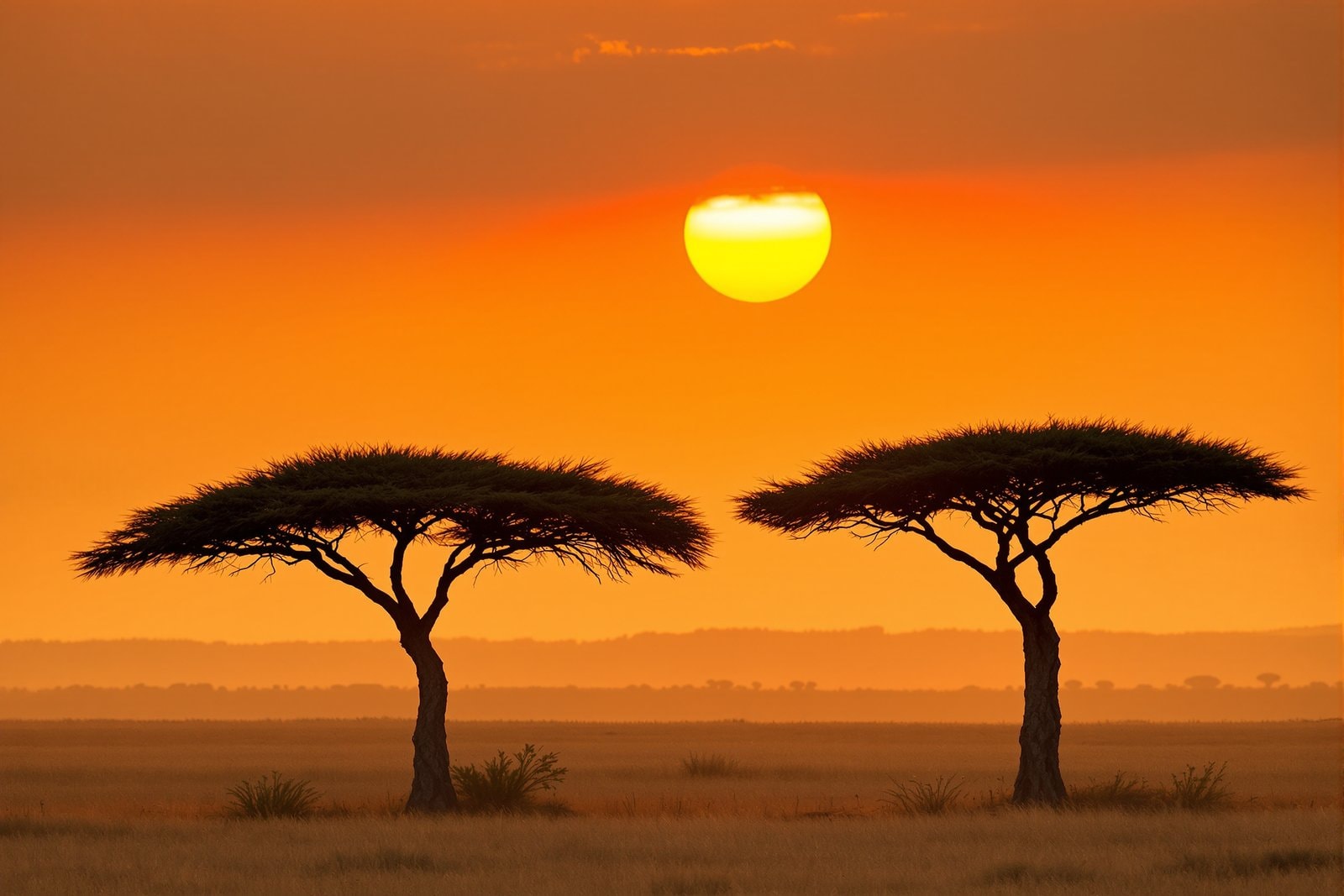 A golden savanna at sunrise with two flat-topped acacia trees silhouetted against a glowing sky