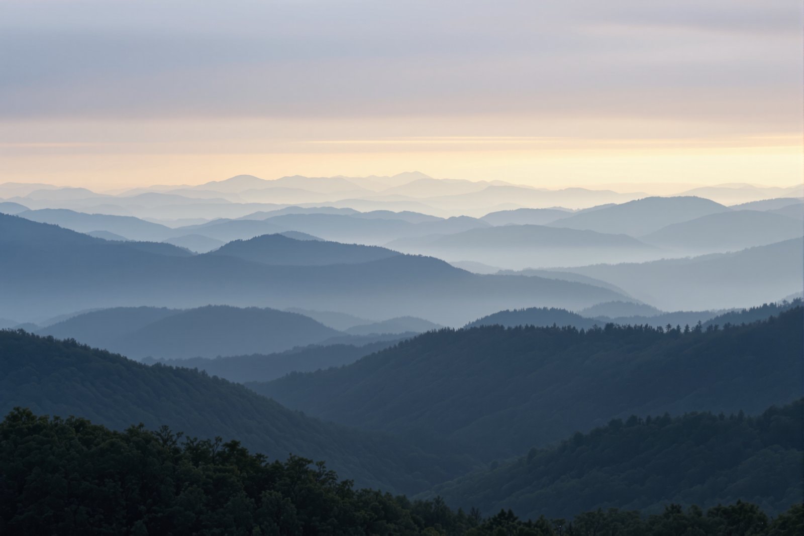 Layer upon layer of blue-grey forested mountain ridges fading into morning mist