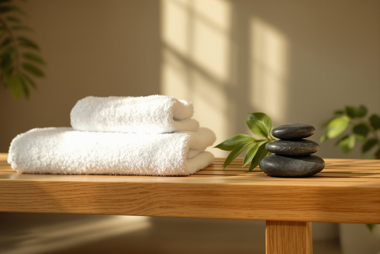 Folded white towels and a stack of smooth dark stones with green leaves on a wooden bench in warm light