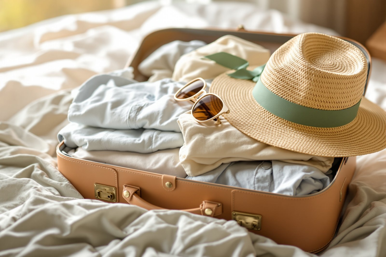 A half-packed tan suitcase with folded summer clothes, a straw sunhat with a green ribbon and a pair of sunglasses