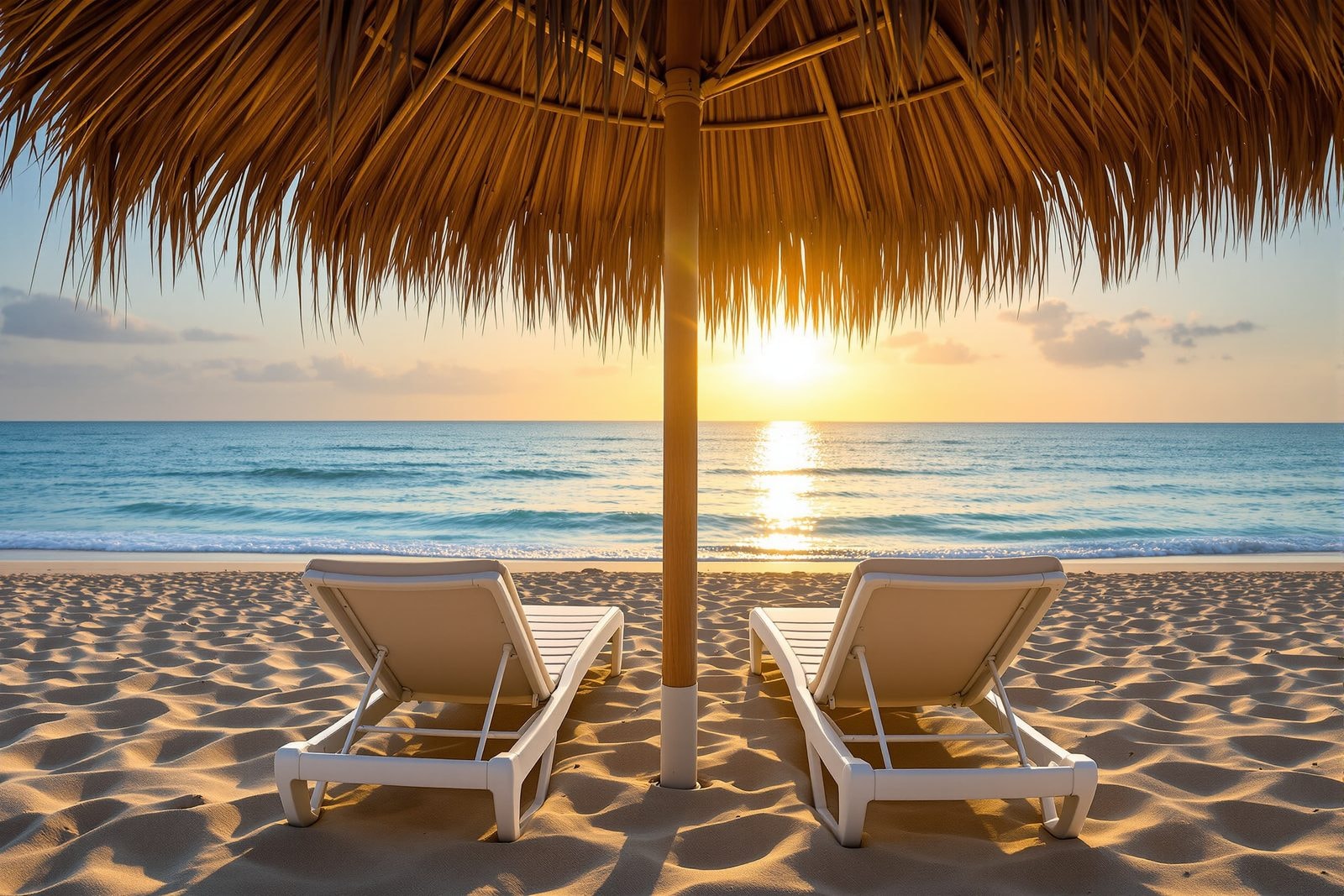 Two white loungers on a sandy beach under a thatched umbrella, with a low golden sun over the sea