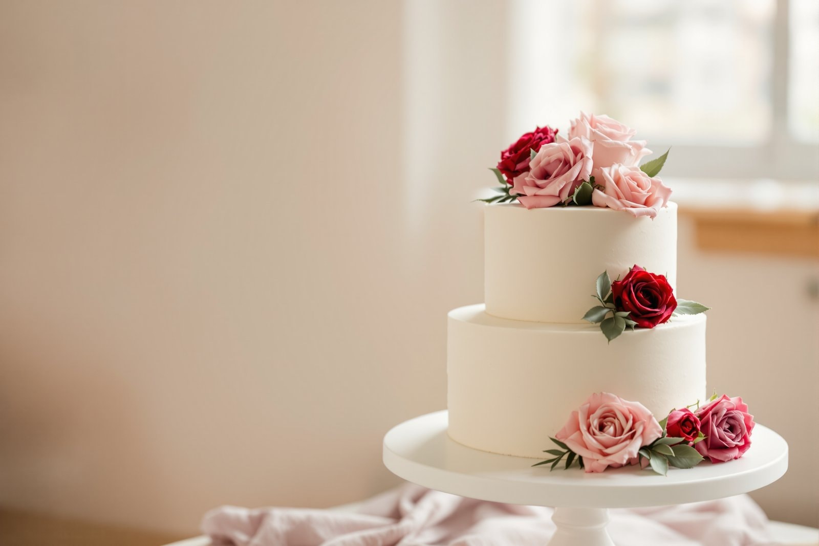 A small two-tiered white cake on a white stand, decorated with pink and red roses