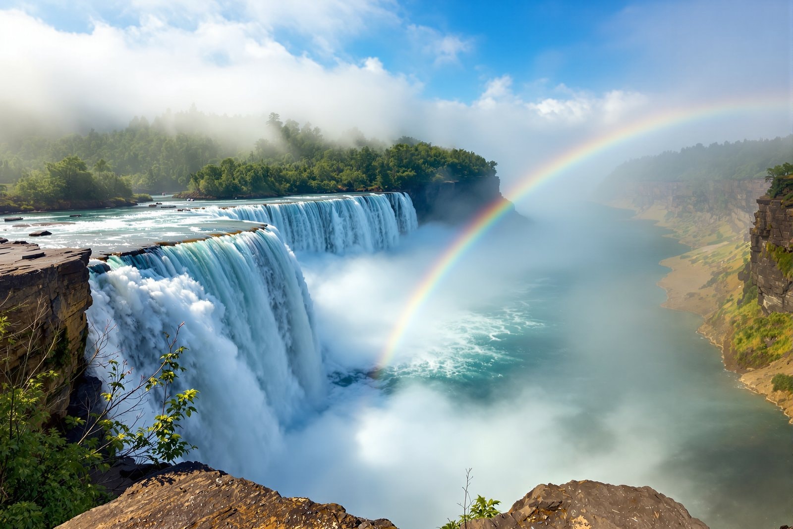 A wide curtain of white water falling over a green ledge into a teal river, with a faint rainbow arching through the mist